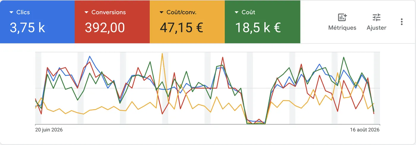 Résultat Google Ads désinfection : 392 conversions à 47,15 euros