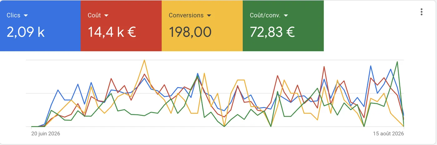 Résultat Google Ads nuisibles : 198 conversions à 72,83 euros