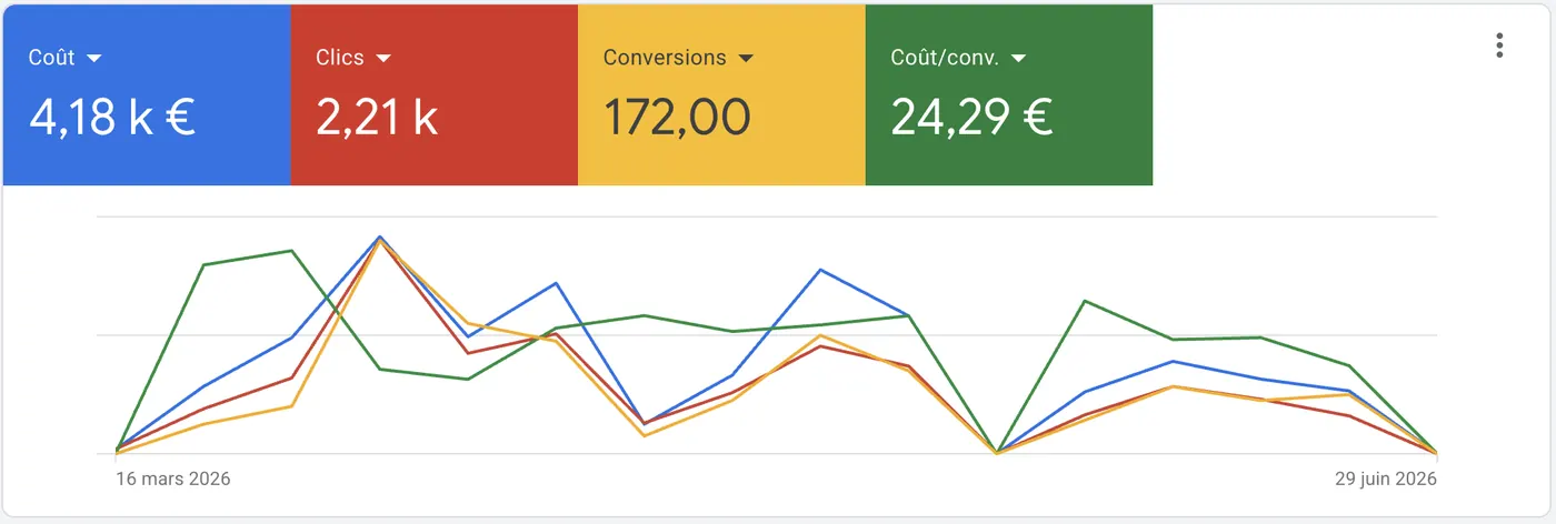 Résultat Google Ads vide maison : 172 conversions à 24,29 euros